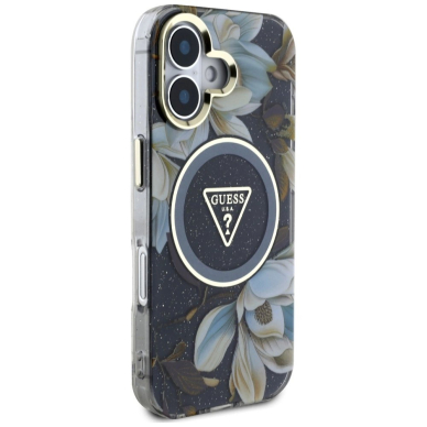 Guess Glitter Flowers Triangle Buttons MagSafe Dėklas skirtas iPhone 16 Juodas 3