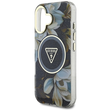 Guess Glitter Flowers Triangle Buttons MagSafe Dėklas skirtas iPhone 16 Juodas 5