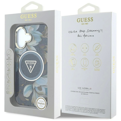 Guess Glitter Flowers Triangle Buttons MagSafe Dėklas skirtas iPhone 16 Juodas 7