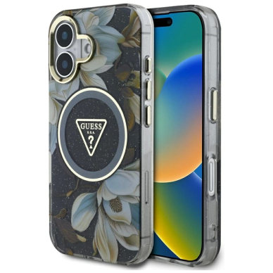 Guess Glitter Flowers Triangle Buttons MagSafe Dėklas skirtas iPhone 16 Juodas