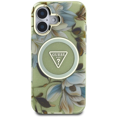 Guess Glitter Flowers Triangle Buttons MagSafe Dėklas skirtas iPhone 16 Žalias 2 Guess Glitter Flowers Triangle Buttons MagSafe Dėklas skirtas iPhone 16 Žalias 2