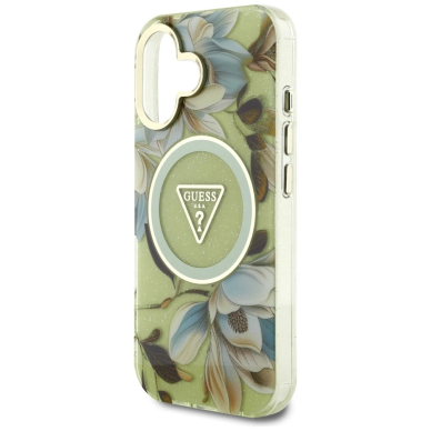 Guess Glitter Flowers Triangle Buttons MagSafe Dėklas skirtas iPhone 16 Žalias 5