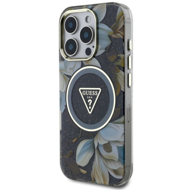 Guess Glitter Flowers Triangle Buttons MagSafe Dėklas skirtas iPhone 16 Pro Juodas 1