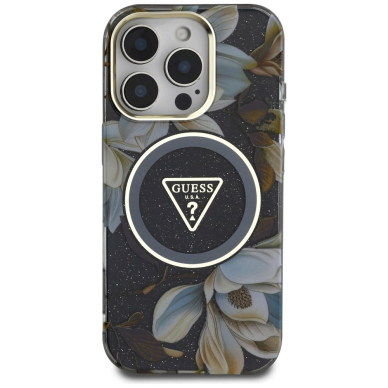 Guess Glitter Flowers Triangle Buttons MagSafe Dėklas skirtas iPhone 16 Pro Juodas 2