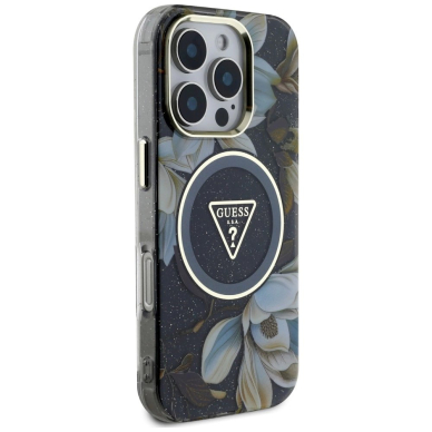 Guess Glitter Flowers Triangle Buttons MagSafe Dėklas skirtas iPhone 16 Pro Juodas 3