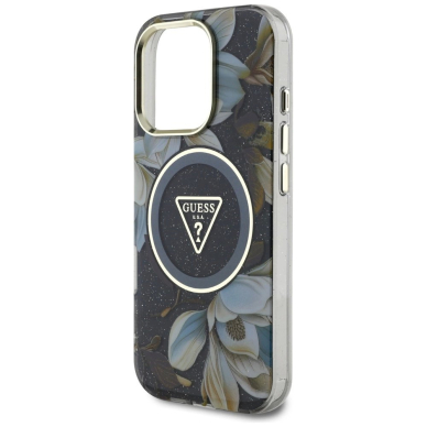 Guess Glitter Flowers Triangle Buttons MagSafe Dėklas skirtas iPhone 16 Pro Juodas 5