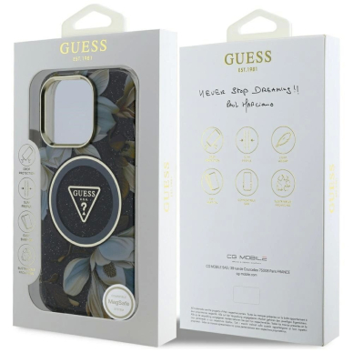 Guess Glitter Flowers Triangle Buttons MagSafe Dėklas skirtas iPhone 16 Pro Juodas 7