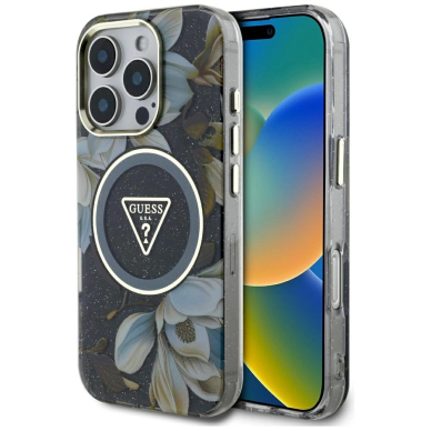 Guess Glitter Flowers Triangle Buttons MagSafe Dėklas skirtas iPhone 16 Pro Juodas