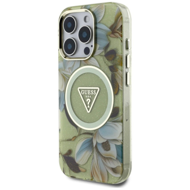 Guess Glitter Flowers Triangle Buttons MagSafe Dėklas skirtas iPhone 16 Pro Max Žalias 1