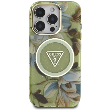Guess Glitter Flowers Triangle Buttons MagSafe Dėklas skirtas iPhone 16 Pro Max Žalias 2