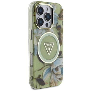 Guess Glitter Flowers Triangle Buttons MagSafe Dėklas skirtas iPhone 16 Pro Max Žalias 3