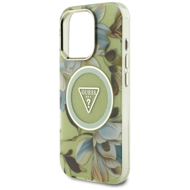 Guess Glitter Flowers Triangle Buttons MagSafe Dėklas skirtas iPhone 16 Pro Max Žalias 5