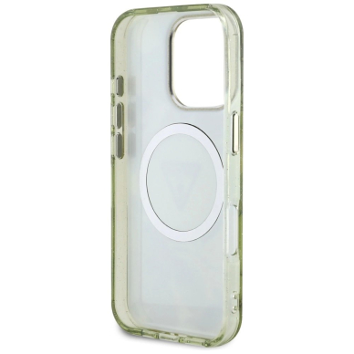 Guess Glitter Flowers Triangle Buttons MagSafe Dėklas skirtas iPhone 16 Pro Max Žalias 6