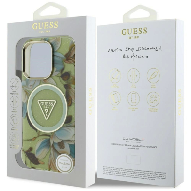 Guess Glitter Flowers Triangle Buttons MagSafe Dėklas skirtas iPhone 16 Pro Max Žalias 7