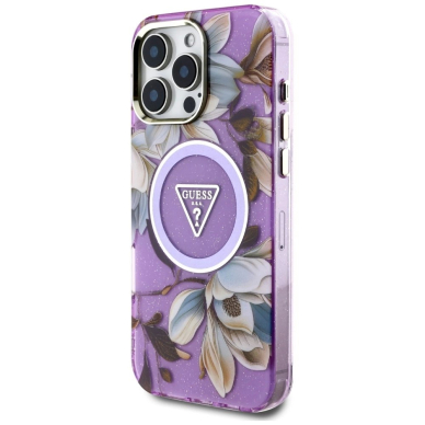 Guess Glitter Flowers Triangle Buttons MagSafe Dėklas skirtas iPhone 16 Pro Max Violetinis 1