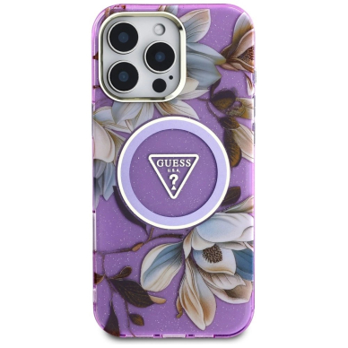 Guess Glitter Flowers Triangle Buttons MagSafe Dėklas skirtas iPhone 16 Pro Max Violetinis 2