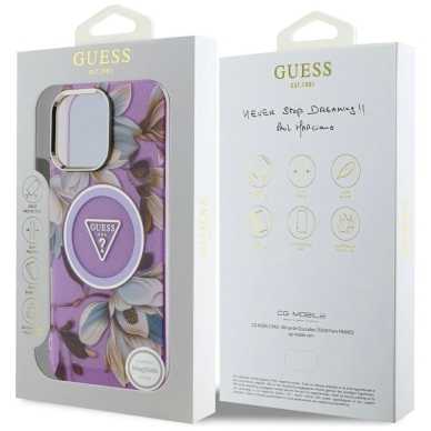 Guess Glitter Flowers Triangle Buttons MagSafe Dėklas skirtas iPhone 16 Pro Max Violetinis 7