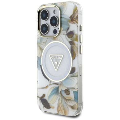 Guess Glitter Flowers Triangle Buttons MagSafe Dėklas skirtas iPhone 16 Pro Max Baltas 1