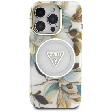 Guess Glitter Flowers Triangle Buttons MagSafe Dėklas skirtas iPhone 16 Pro Max Baltas 2