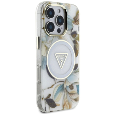 Guess Glitter Flowers Triangle Buttons MagSafe Dėklas skirtas iPhone 16 Pro Max Baltas 3
