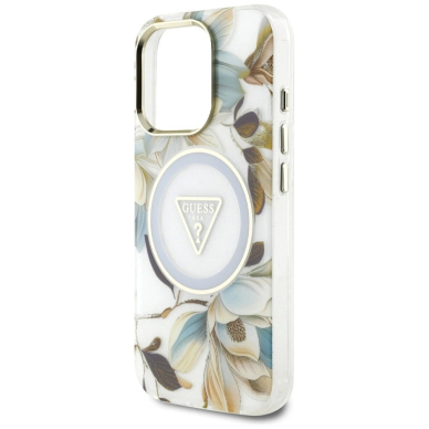 Guess Glitter Flowers Triangle Buttons MagSafe Dėklas skirtas iPhone 16 Pro Max Baltas 5