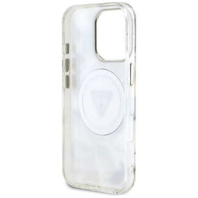 Guess Glitter Flowers Triangle Buttons MagSafe Dėklas skirtas iPhone 16 Pro Max Baltas 6