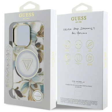 Guess Glitter Flowers Triangle Buttons MagSafe Dėklas skirtas iPhone 16 Pro Max Baltas 7
