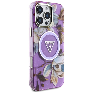 Guess Glitter Flowers Triangle Buttons MagSafe Dėklas skirtas iPhone 16 Pro Violetinis 3