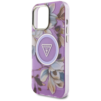 Guess Glitter Flowers Triangle Buttons MagSafe Dėklas skirtas iPhone 16 Pro Violetinis 5