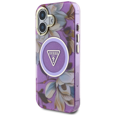 Guess Glitter Flowers Triangle Buttons MagSafe Dėklas skirtas iPhone 16 Violetinis 1