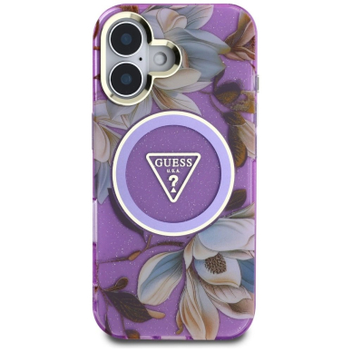Guess Glitter Flowers Triangle Buttons MagSafe Dėklas skirtas iPhone 16 Violetinis 2