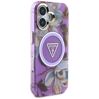 Guess Glitter Flowers Triangle Buttons MagSafe Dėklas skirtas iPhone 16 Violetinis 3