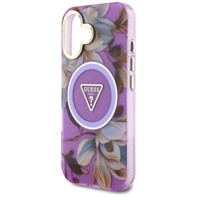 Guess Glitter Flowers Triangle Buttons MagSafe Dėklas skirtas iPhone 16 Violetinis 5