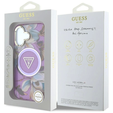 Guess Glitter Flowers Triangle Buttons MagSafe Dėklas skirtas iPhone 16 Violetinis 7