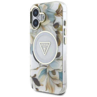 Guess Glitter Flowers Triangle Buttons MagSafe Dėklas skirtas iPhone 16 Baltas 1