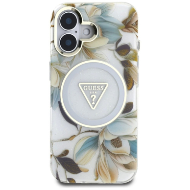 Guess Glitter Flowers Triangle Buttons MagSafe Dėklas skirtas iPhone 16 Baltas 2