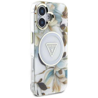 Guess Glitter Flowers Triangle Buttons MagSafe Dėklas skirtas iPhone 16 Baltas 3