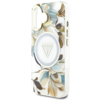 Guess Glitter Flowers Triangle Buttons MagSafe Dėklas skirtas iPhone 16 Baltas 5