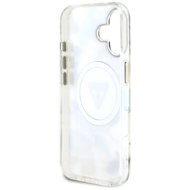 Guess Glitter Flowers Triangle Buttons MagSafe Dėklas skirtas iPhone 16 Baltas 6