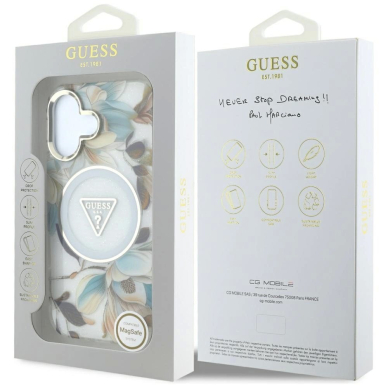 Guess Glitter Flowers Triangle Buttons MagSafe Dėklas skirtas iPhone 16 Baltas 7