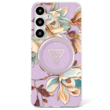 Samsung Galaxy S25 Ultra – Guess Glitter Flowers Triangle Buttons MagSafe dėklas - Violetinis Samsung Galaxy S25 Ultra – Guess Glitter Flowers Triangle Buttons MagSafe dėklas - Violetinis