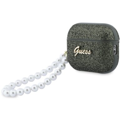 AirPods Pro 3 Guess Glitter Pearl Strap dėklas – juodas su blizgučiais 2