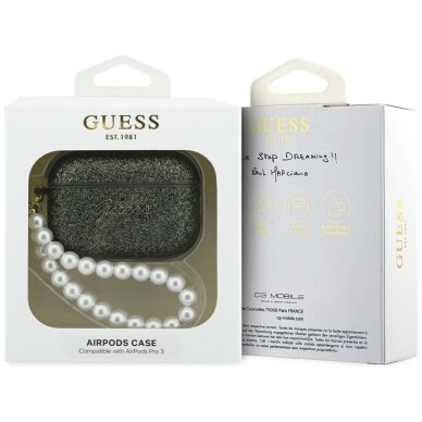 AirPods Pro 3 Guess Glitter Pearl Strap dėklas – juodas su blizgučiais 3 AirPods Pro 3 Guess Glitter Pearl Strap dėklas – juodas su blizgučiais 3