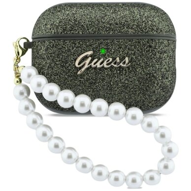AirPods Pro 3 Guess Glitter Pearl Strap dėklas – juodas su blizgučiais