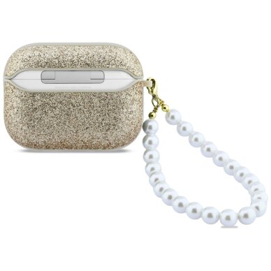 AirPods Pro 3 Guess Glitter Pearl Strap dėklas – auksinis 1