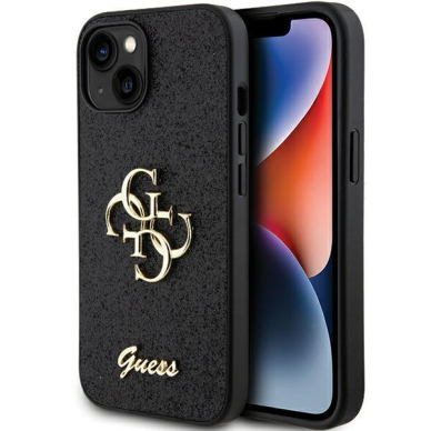 Originalus dėklas Guess Glitter Script Big 4G case skirta iPhone 15 - Juodas Originalus dėklas Guess Glitter Script Big 4G case skirta iPhone 15 - Juodas