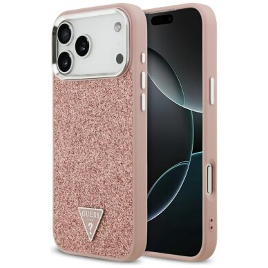 iPhone 17 Pro Max Guess Glitter Triangle Logo MagSafe dėklas – rožinis