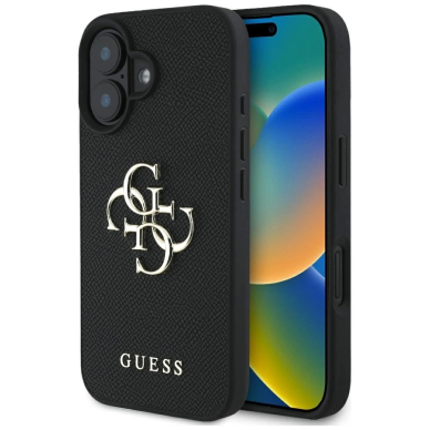 Guess Grained Big 4G Logo Small Classic Logo Dėklas skirtas iPhone 16 - Juodas Guess Grained Big 4G Logo Small Classic Logo Dėklas skirtas iPhone 16 - Juodas