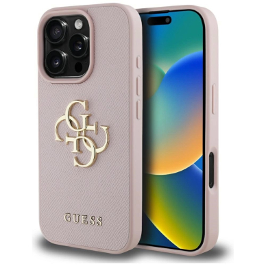 Guess Grained Big 4G Logo Small Classic Logo iPhone 16 Pro Dėklas - Rožinis