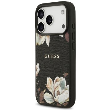 iPhone 17 Pro Guess Grained Flowers Classic Logo MagSafe dėklas – juodas 1 iPhone 17 Pro Guess Grained Flowers Classic Logo MagSafe dėklas – juodas 1